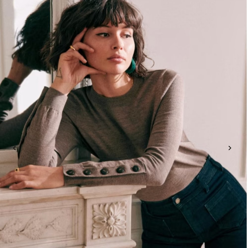 Sezane Crew Neck Sweater in Taupe Brown with Button Cuffs